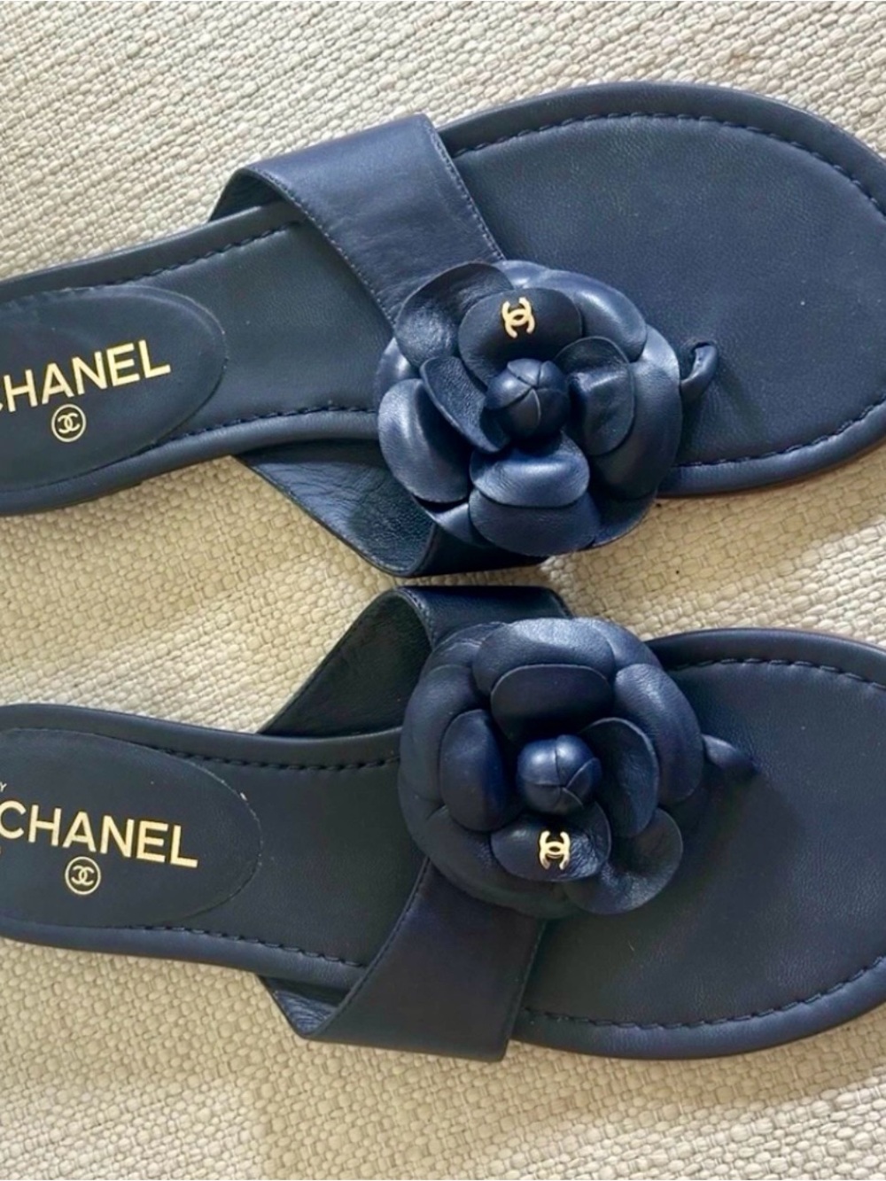CHANEL Navy Camellia Leather Slide Sandals